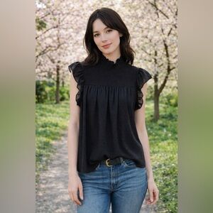 La Ven Swiss Dot Flutter Sleeve Black Blouse Top